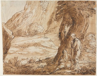 羊と 2 人の羊飼いのいる風景、19 世紀前半。 作： Thomas Barker