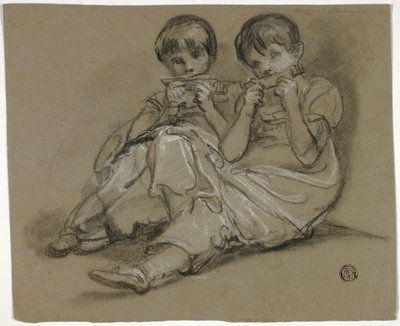 くしで遊ぶ 2 人の女の子 (直腸); 別の人物の断片と座っている女性のスケッチ (裏面) 作： Thomas Barker