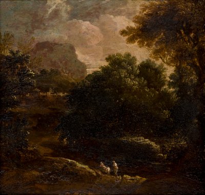 人物がいる樹木が茂った風景、1789〜1847年頃（パネルに油彩） 作： Thomas Barker