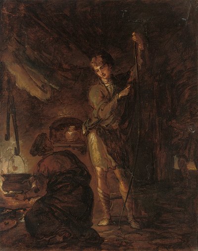 ウィリアムカウパーの「The Task」、1785年に弓をひもでつなぐ少年の場面 作： Thomas Barker of Bath