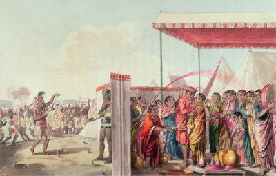 1813年4月5日の「A Mahratta Camp」からのHohleeの演奏（カラー彫刻） 作： Thomas Baxter