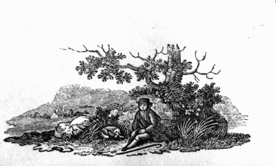 「イギリスの鳥と四足動物の歴史」の発育不全の木に座った男 作： Thomas Bewick