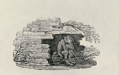 座っている男の避難所「イギリスの鳥と四足動物の歴史」（彫刻） 作： Thomas Bewick