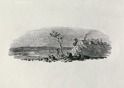 「イギリスの鳥と四足動物の歴史」からの冬の夕日（bw彫刻） 作： Thomas Bewick