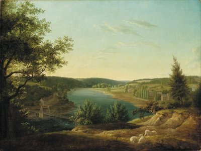 フィラデルフィアから5マイルのチェーンブリッジとスクールキルの滝の眺め 作： Thomas Birch