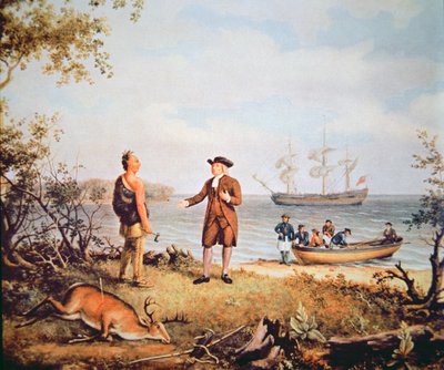 ウィリアム・ペンが初めてアメリカに到着し、ネイティブ・アメリカンと出会う（1682年）（油彩・キャンバス 作： Thomas Birch