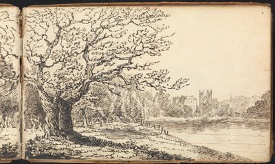 Álbum de Estudos de Paisagens e Figuras: Árvores ao longo de um rio com edifícios à distância 作： Thomas Bradshaw