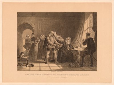 スコットランドのメアリー女王は、Lochleven城での彼女の退位に署名することを強いられました、1567年、1878年 作： Thomas Brown