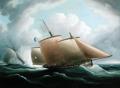 イングランドのカッターに追われるフランスのラガー（油彩・キャンバス） 作： Thomas Buttersworth
