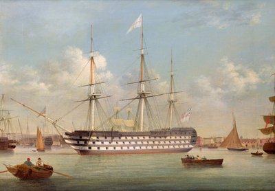 HMSブリタニア、プリマスに横たわる 作： Thomas Buttersworth