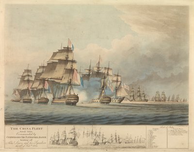 ナサニエル・ダンス提督(1748-1827)が指揮する重装備の中国艦隊は、フランスのシャルル・ド・デュランL提督(1761-1848)とその艦隊を2月15日に撤退させた。 作： Thomas Buttersworth