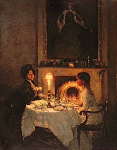 A Caller、ろうそくの光とお茶 (キャンバスに油彩) 作： Thomas Cantrell Dugdale