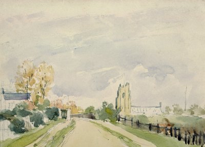 サフォークの風景、小さな家、教会、木々のある広い道 作： Thomas Churchyard