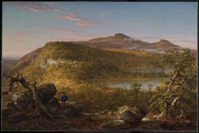 2つの湖とマウンテンハウスの眺め、キャッツキル山脈、朝 作： Thomas Cole