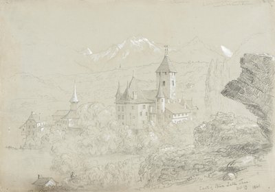シュピーツ城、1841年（灰緑色の紙に鉛筆とガッシュ） 作： Thomas Cole