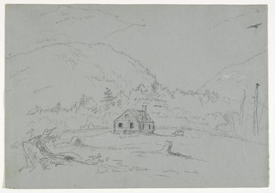 マウントデザートの家、1844年頃（紙の上に白いクレヨンで黒鉛を高めたもの） 作： Thomas Cole