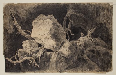 岩と滝の近くの洞窟に立つハンター、1828年頃（グラファイト鉛筆） 作： Thomas Cole