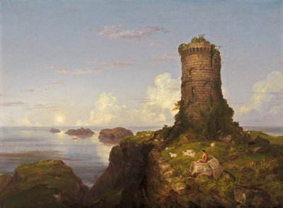 台無しにされた塔とイタリアの海岸のシーン 作： Thomas Cole