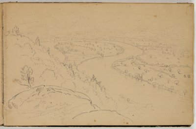 ホルヨーク山から見たコネチカット川のオックスボーのパノラマ、1832年頃（紙に鉛筆） 作： Thomas Cole