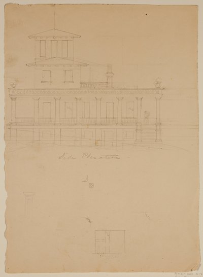 キャッツキルで提案されたヴィラの側面立面図 作： Thomas Cole