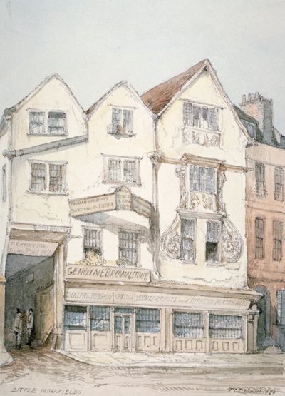 キングス アームズ イン、ムーアフィールズ、正面に装飾モールディング、ロンドン市、1851 年 作： Thomas Colman Dibdin