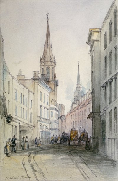 ロンバード・ストリート沿いの眺め、東を向いた人物像と馬車、ロンドン市、1851 年 作： Thomas Colman Dibdin