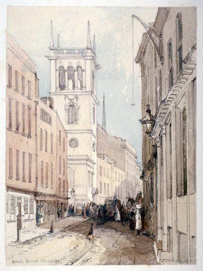 1851年、ロンドン市ブレッド・ストリートにあるオール・ハロウズ教会、建物、人物像の眺め 作： Thomas Colman Dibdin