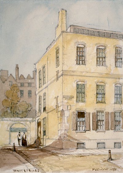 ロンバード ストリートの角を示すホワイトフライアーズのビュー、ロンドン市、1851 年。 作： Thomas Colman Dibdin