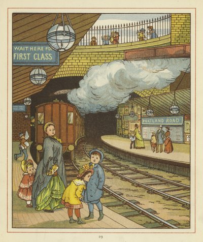 ポートランドロード駅のホームで子供たちのグループと一緒に立っている女性 作： Thomas Crane