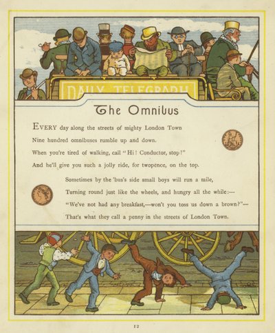 子供たちが下の通りで腕立て側転をしながらオムニバスで旅行する乗客 作： Thomas Crane