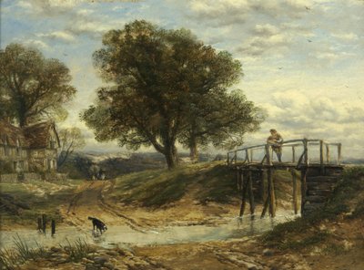 小川と橋とコテージのある風景」（パネルに油彩 作： Thomas Creswick