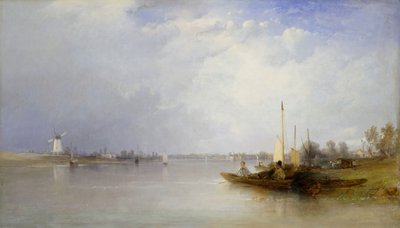 バタシーのテムズ川の眺め、1834 年。 作： Thomas Creswick