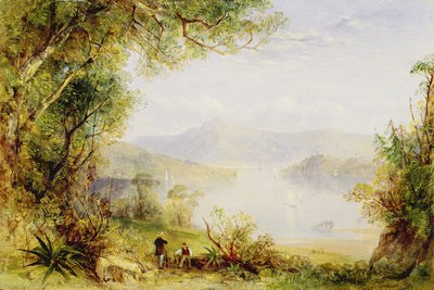ハドソン川の眺め、c.1840-45（パネルに油彩） 作： Thomas Creswick
