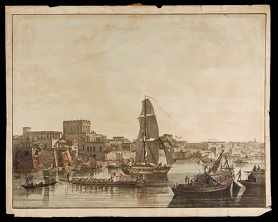フーグリ川からのカルカッタ：カルカッタの眺めからのGentoo建物、1788 作： Thomas Daniell