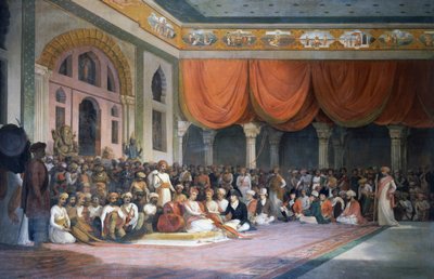 シャルル・ワーレ・マレは、1790年にダルバールでマラーター帝国のペシュワと条約を結びました 作： Thomas Daniell