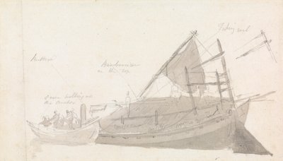 Barco de pesca com pequenas embarcações ao lado 作： Thomas Daniell