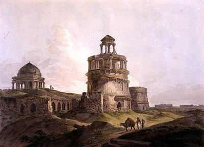 デリーのフィーローズ・シャーのコティラ近くにある古代の建物の残骸（「Oriental Scenery」より）。ヒンドゥースタンの24の風景」より 作： Thomas Daniell