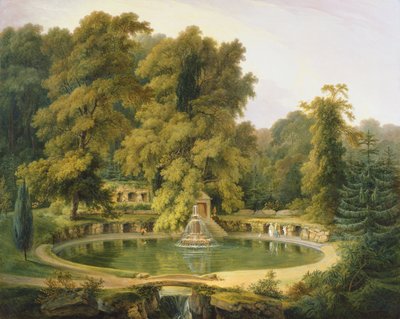 セジンコート公園の寺院、噴水、洞窟 作： Thomas Daniell