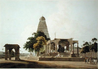 タンジョールのヒンドゥー教の偶像、大雄牛、1798年発行の「Oriental Scenery」のプレートXXII（カラー・アクアチント） 作： Thomas Daniell