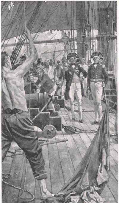 有名な信号の引き上げ、「陸と海のイギリスの戦い」のイラスト、ロンドン、カッセル発行、1910年 作： Thomas Davidson
