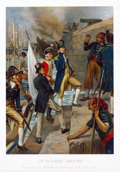 敵地で。戦いの後（1801年）、コペンハーゲン（デンマーク）に上陸したホレイショ・ネルソン（1758-1805）。1897年頃、トーマス・デイヴィッドソン（1863-1903年活躍）によるクロモリトグラフ。 作： Thomas Davidson