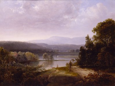 ハンターと犬のいるリバービュー、カリフォルニア州。 1850年。 作： Thomas Doughty