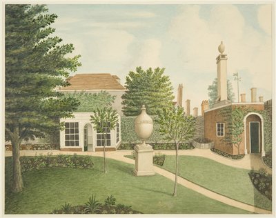 セント・ジェームズ・スクエア14番地のメインガーデンの芝生、サマーハウス、土壌消毒室の風景、1806年頃（水彩・鉛筆・紙 作： Thomas Dr Pole