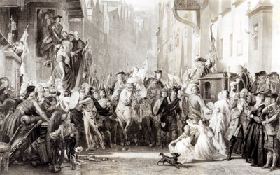 チャールズエドワード王子（1720-88年）と1745年9月21日のプレストンの戦いの後、エディンバラに入るハイランダーズ（105438を参照） 作： Thomas Duncan