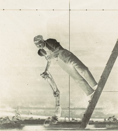 解剖された馬の脚を持つはしごの上の男、1880年代。 作： Thomas Eakins