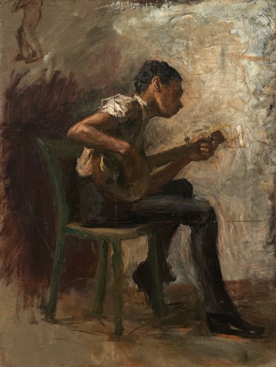 黒い少年の踊りのための習作：バンジョー奏者、1877年頃（厚紙のキャンバスに油彩） 作： Thomas Eakins