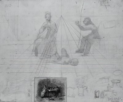 雑誌のストーリーのイラストのための無題の遠近法の研究、ニーラス・ピーラー氏の条件 作： Thomas Eakins