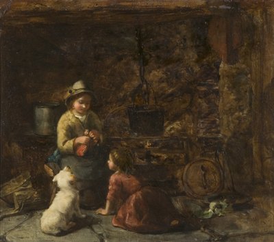 二人の子供のいるコテージの室内 1850年頃（厚紙に油彩 作： Thomas Faed
