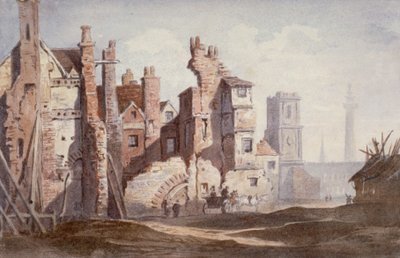 1834年、シティ・オブ・ロンドンのキング・ウィリアム・ストリートに道を譲るためにウォルブルック近くの古い家屋を解体。 作： Thomas Faed