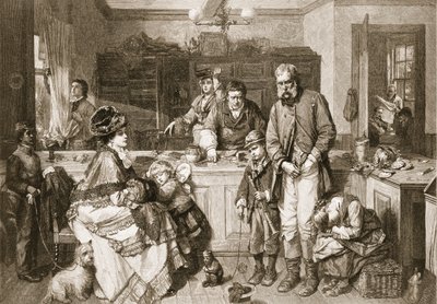 手から口へ - 彼はパブで物乞いをしない数少ない人物の 1 人でした。 1879年。 作： Thomas Faed